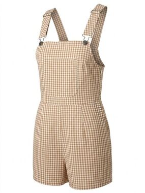 NWT RVCA Forager 100% Cotton Gingham Romper - Size L/12 - Sand/Tan White